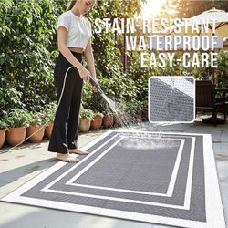 Outdoor Rug 5x8 ft Waterproof, Reversible Outdoor Plastic Straw Rug, RV Mat, Grey and White 
