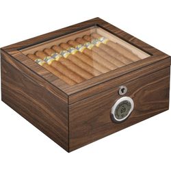 Cigar Humidor, Cedar Wood Desktop Humidor with Lock, Accurate Digital Hygrometer, Glass Top Humidor Cigar Box with Tray, Humidifier, Divider, Holds 40