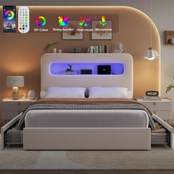 Full Size LED Bed Frame with Storage Headboard, 4 Drawers Velvet Upholstered Platform Bed Frame with USB Ports & Outlets, Off-White（Wooden Slats+4 Dra