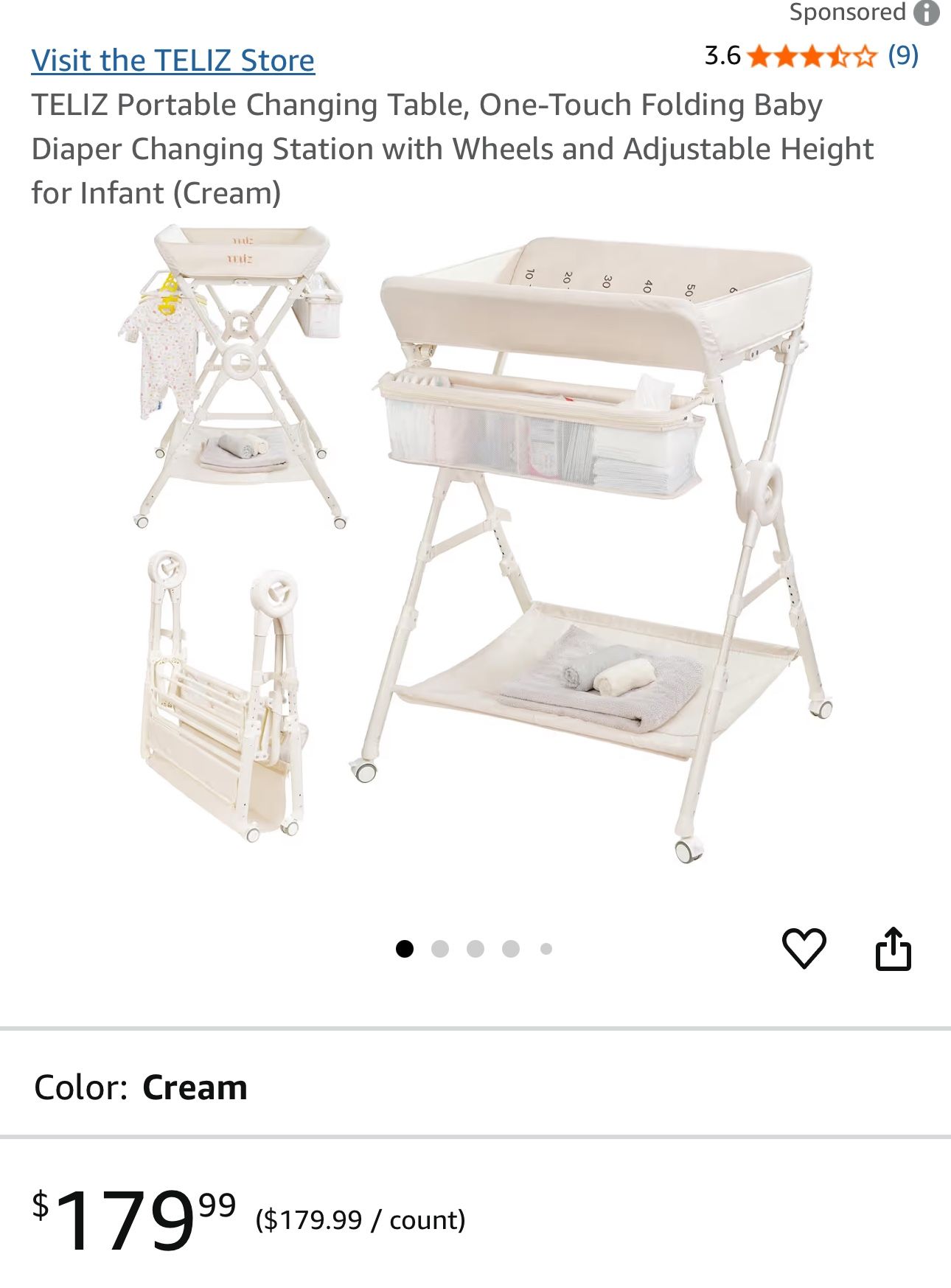 Portable Changing Table, One-Touch Folding Baby Diaper Changing Station with Wheels and Adjustable Height for Infant (Cream)