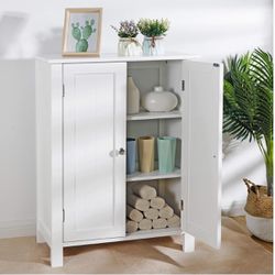 Bathroom Floor Storage Cabinet Free Standing Side Organizer, Tall Kitchen Pantry Entryway Cupboard with Double Doors Adjustable Shelf (White