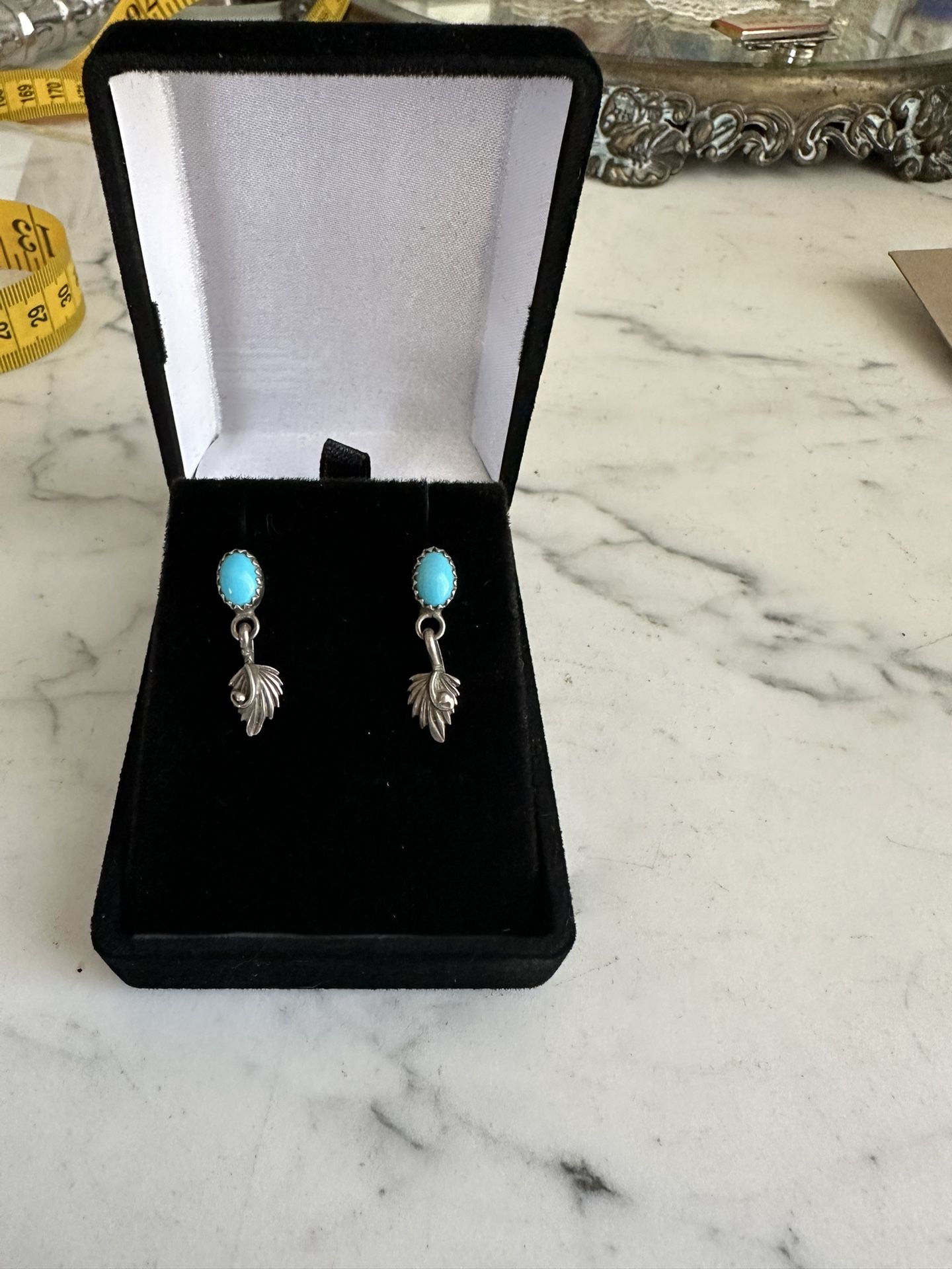 Vintage Native Sterling Silver And Turquoise Stud Dangle Earrings 