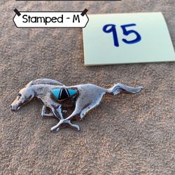 #95 Navajo Horse Broach Sterling Silver  Jet Turquoise  Stamped: M