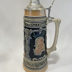 Large 1988 Antique German Stein With Pewter Lid 12”