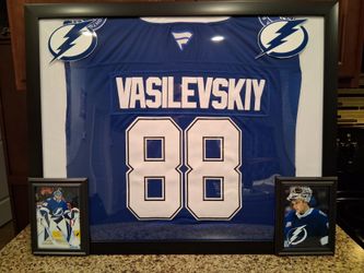 ANDERI VASILEVSKIY TAMPA BAY LIGHTNING, STITCHED,BRANDED,AUTHENTIC FRAMED SIGNED JERSEY.