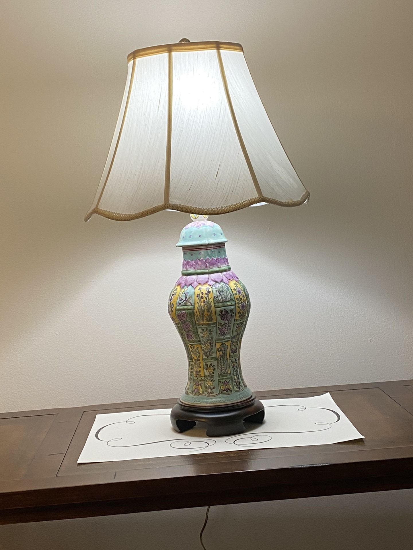 Hand painted vintage jar floral table lamp with solid wood base and with shade no chips