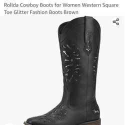 Size 9, Black Cowboy Boots for Women Western Square Toe Silver Glitter Fashion Boots 