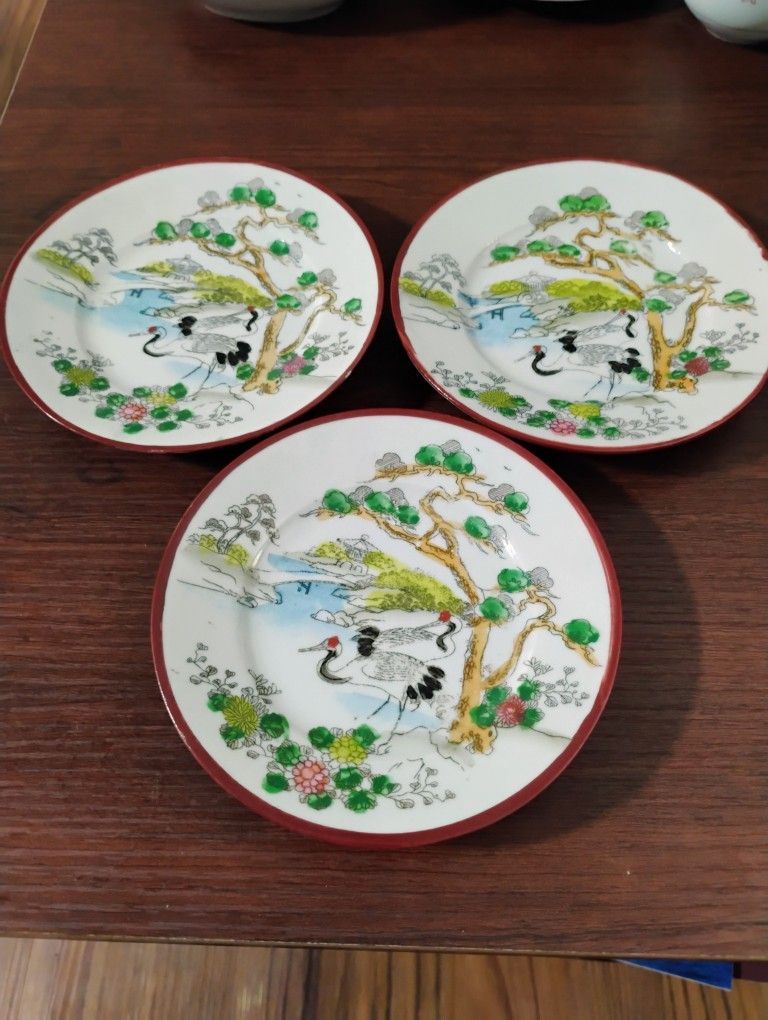 Set of 3 Vintage Japanese Pin Dishes, Trinket Dishes, Hand Painted Scene w/ Egrets