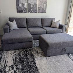Living Spaces Gray Sectional Sofa with Storage Ottoman - Like New - Free Delivery