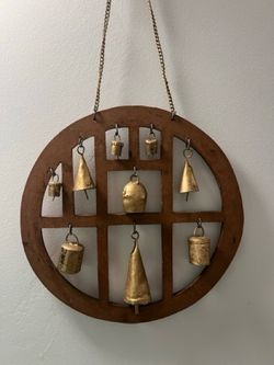Boho Rustic Wooden Wall Hanging with Brass Bells (9" Diameter)