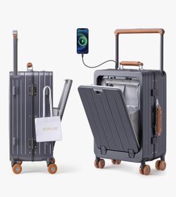 ROPLUS Zipperless Luggage with Front Cover Compartment, Aluminium Frame Checkded-In Rolling Suitcase with USB Ports, TSA Lock, Skate Wheels (GrayBrown