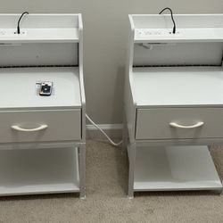 Set of 2.Labcosi White Bedside Table with Drawer Nightstand with Charging Station and LED Light Modern Bedroom End Tables