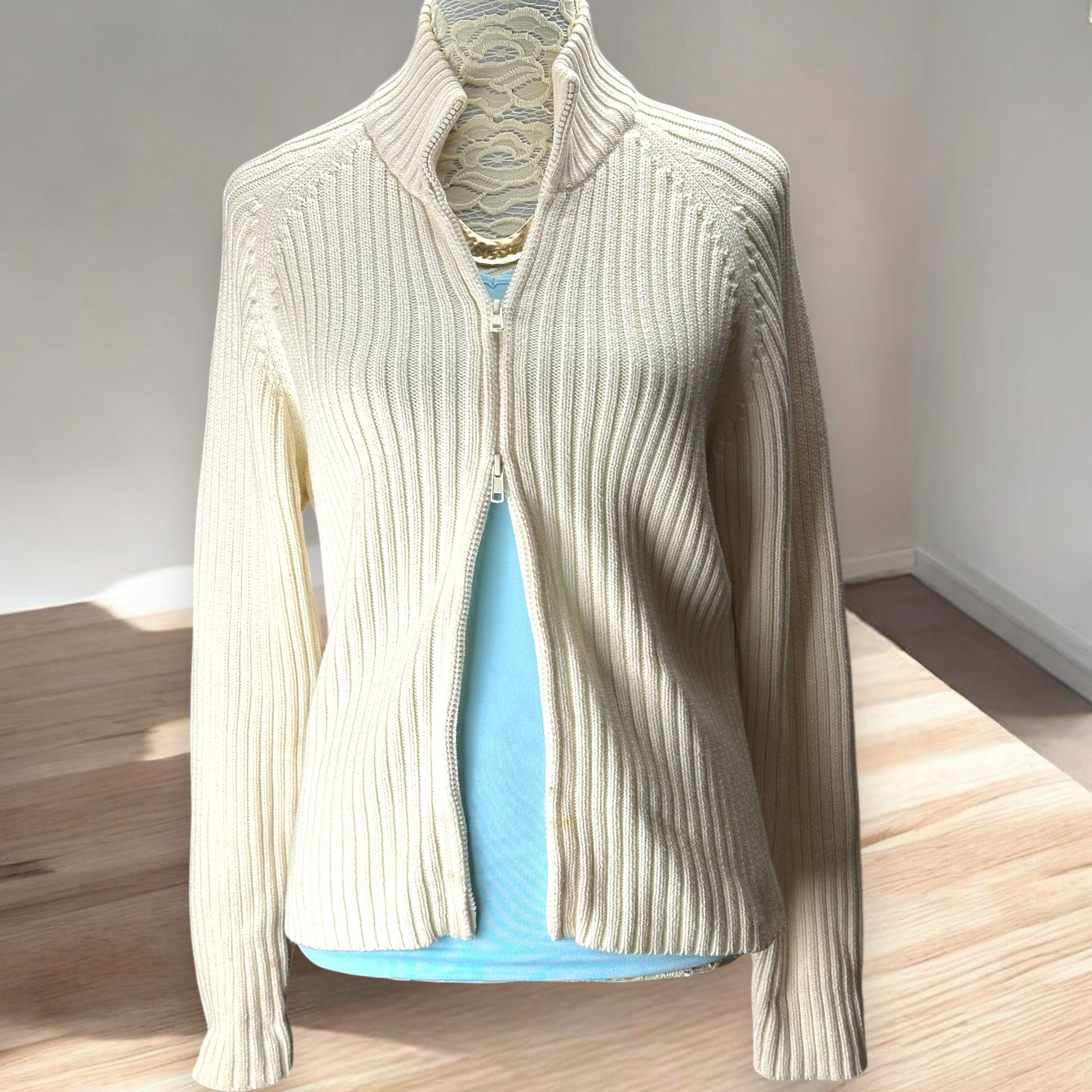 Women's Brooks 346 Cotton Ribbed Cardigan Sweater Two Way Zip Sz Lg Cream Preppy