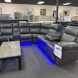 New Dual Power Recliner Sectional with Bluetooth Speakers LED Light and USB Charge. Delivery Available
