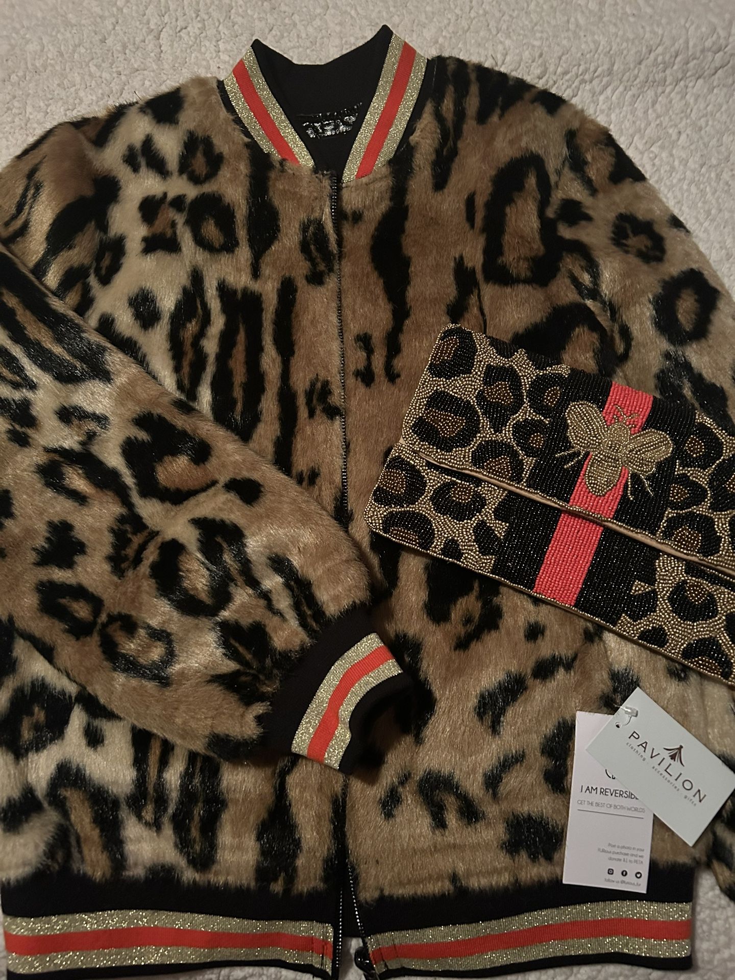 Faux Leopard Print Reversible Bomber Jacket