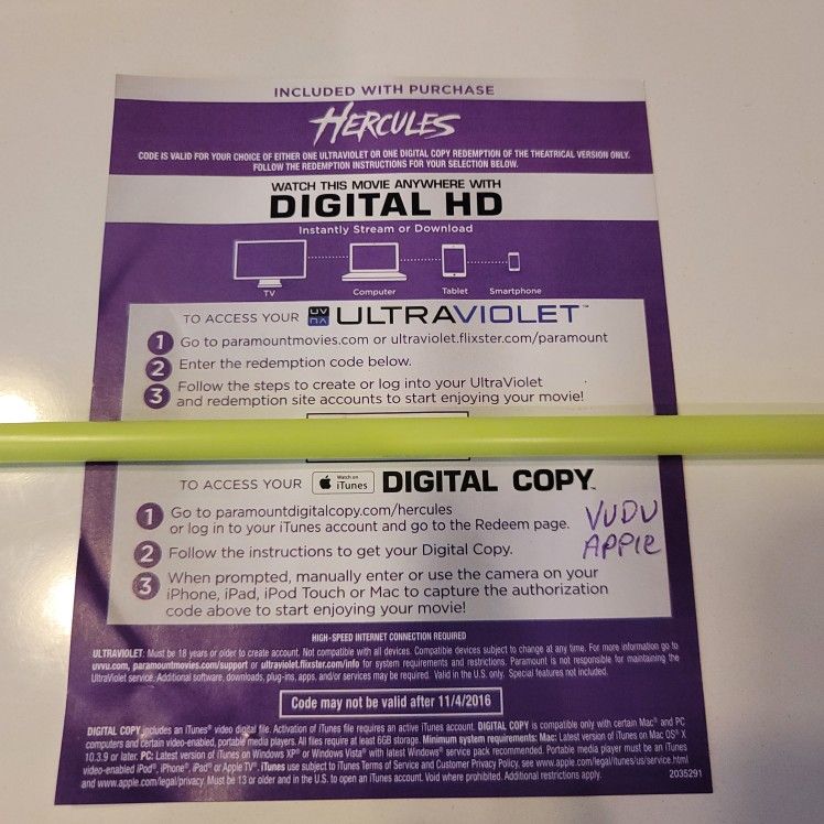 $4 DIGITAL HD MOVIE. HERCULES. $4 OR TRADE FOR A MOVIE TITLE I DO NOT ALREADY OWN.