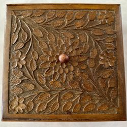 Vintage Square Lided Wooden 8.5 x 8.5 inches Box with intricate Hand-Carved floral, vine, or arabesque motifs