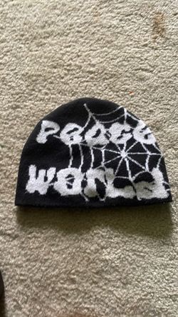 Black & White Y2K “PeaceWorld” Knitted Beanie