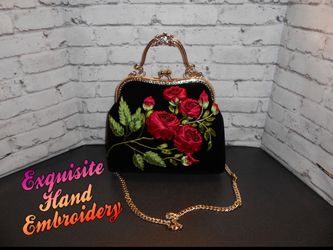 Beautiful Ribbon Embroidered Velvet Purse Large Coin Pouch Style