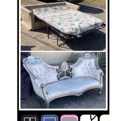 SW 77036 Free/ trade vintage sleeper sofa, ornate wood loveseat n much more