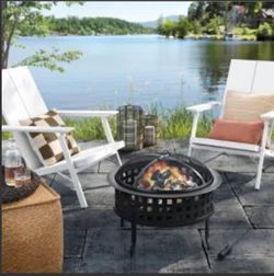Metal Lattice Wood Burning Round Outdoor Fire Pit Black - Threshold™: Rust-Resistant Steel, Mesh Sides, Angled Legs