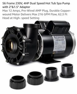 56 Frame 230V, 4HP Dual Speed Hot Tub Spa Pump with 2"&1.5" Adapter Max 12 Amps, Pre-Wired AMP Plug, Durable Copper-wound Motor Delivers Max 216 GPM F