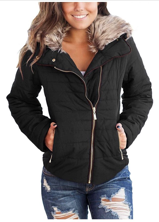 luvamia Women Casual Warm Winter Faux Fur Quilted Parka Lapel Zip Jacket Puffer Coat (Large)