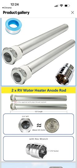 COMPLEKRON RV Water Heater Anode Rod 9.25" L x 3/4" NPT Galvanized Nuts
