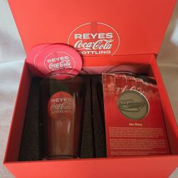 REYES COCA COLA 16OZ GLASS CUP & COASTER SET (2) - NEW IN BOX - 