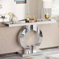 New assembled Modern Mirrored Console Table, Glass Sofa Table with Mirror Finish, 43-Inch Entryway Table with O-Shaped Base, Rectangular Accent Foyer 