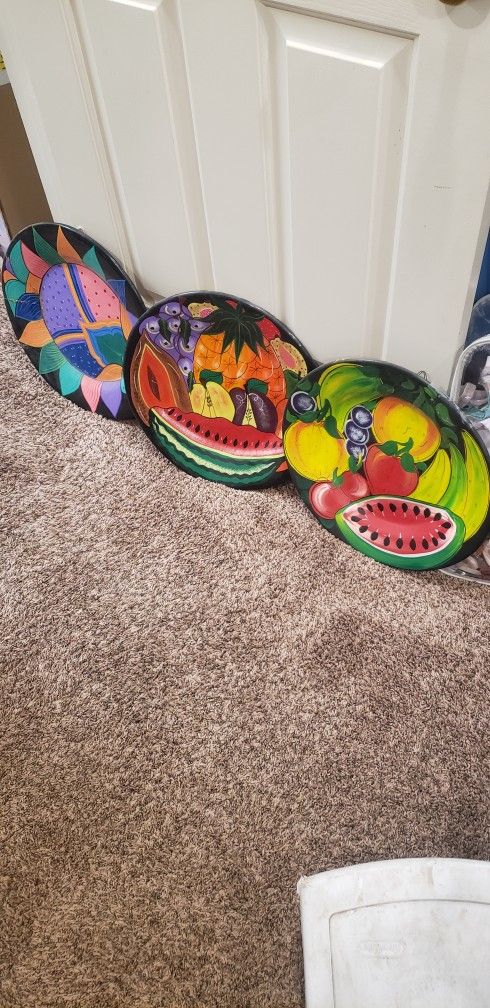 3 Colorful Painted Clay Plates