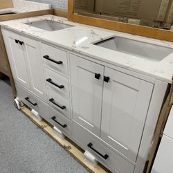 Bathroom vanity cabinet 60” solid mango Quartz top with sinks and backsplash 