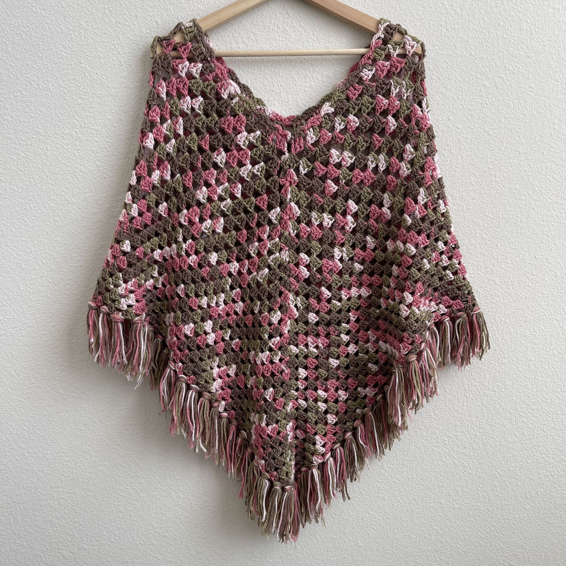 Pink Brown Green Multicolor Handmade Open Crochet Knit Tassel Fringe Poncho