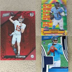 Ty Simpson Panini Black Friday Drip Red /75 + Cam Ward Topps Chrome Power Players Refractor Rookie + Cam Ward Absolute Football Rookie Jersey Patch (R