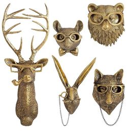 Animal Heads Wall Decor, Gold Faux Deer Head Mount, Animal Sculptures Wall Decor, Vintage Resin Hanging Decoration for Living Room Bedroom Kitchen Off