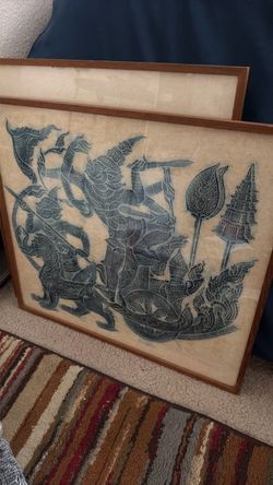 Vintage Framed Thai Temple Rubbings Rice Paper Art Mid Century Ramakien Set