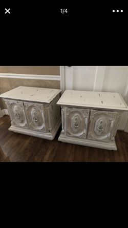 Two nightstands end tables antique white distressed finish