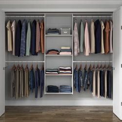 Deluxe Starter Closet Storage Wall Mounted Wardrobe Organizer System Kit with Shelves and Rods in White for Bedroom with Hardware