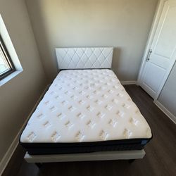 Full-Size 12inch Hybrid Mattress & Beige Upholstered Bed Frame