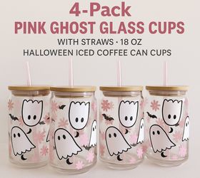 4-Pack Pink Ghost Glass Cups w/ Straws | 18oz Halloween Iced Coffee Can Cups