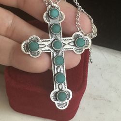 Vintage Large 925 Sterling Silver W/ Genuine Turquoise Cross Necklace , Native Am. Embossed, Marked Sterling , 925 26 In Chain,  2.25 In. Long 