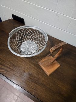 White Wire Basket and Wooden Banana Hanger