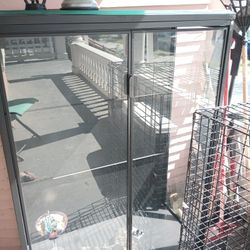 Three Piece Sectional Couches And Glass Cabinet  
