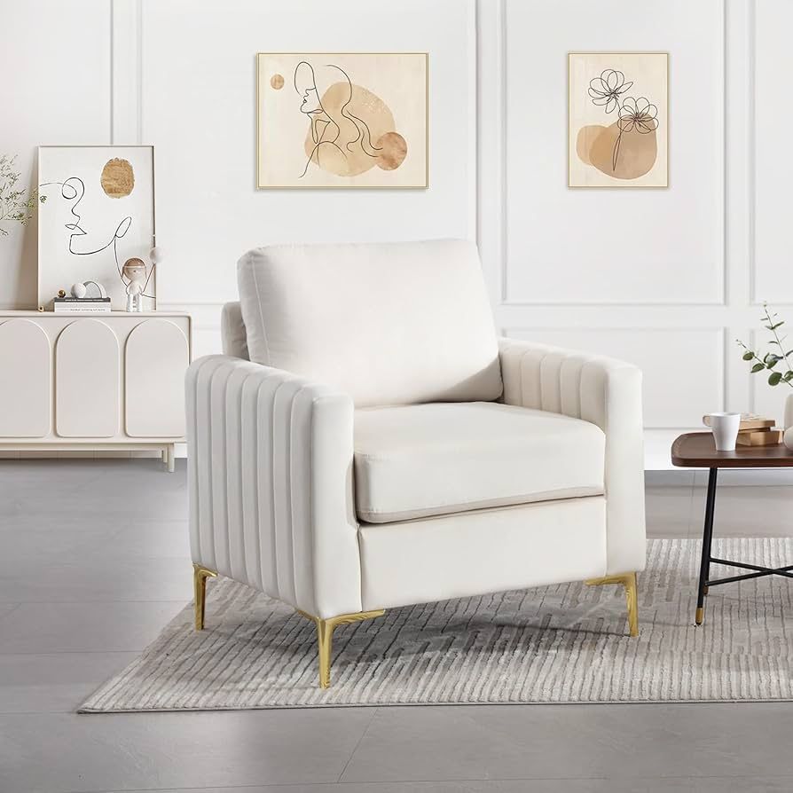 Modern Velvet Accent Chair Comfy Living Room Armchair with Thick Cushion Upholstered Reading Armchair Mid Century Sofa Chair with Gold Legs Side C