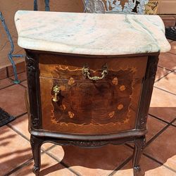 Antique Accent Table Wood Bronze Marble Top
