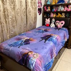 Kids Twin Bed w/ Frozen Bedding & Toy Shelf - (Excellent Condition)