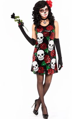 NEW Halloween Costume Day of the Dead Skull & Rose Sequin Dress Women M/L 8-12