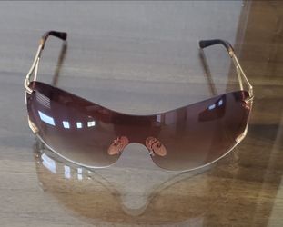 Y2K Frameless Shield Sunglasses Brown Gradient Lens Gold Tone Geometric Hardware
