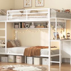 Unopened Box - White Metal Bunk Bed With Desk