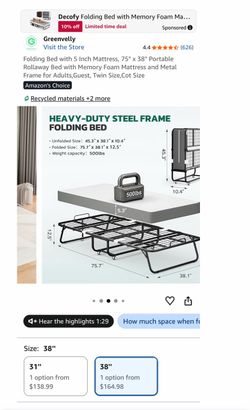 Folding Bed with 5 Inch Mattress, 75" x 38" Portable Rollaway Bed with Memory Foam Mattress and Metal Frame for Adults,Guest, Twin Size,Cot Size